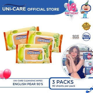 Uni-Care English Pear Cleansing Wipes 90's Pack of 3