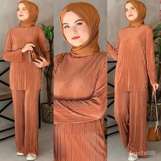 Fashion Muslimah Women's Suit Loose Casual Pleated Wide Leg Pants and Two-Piece Top QKyp