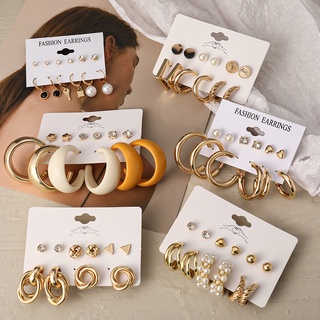 34psc/set Fashion Pearl Butterfly Earring Set Retro Gold Stud Earrings Tassel Earrings Women Jewelry Accessories