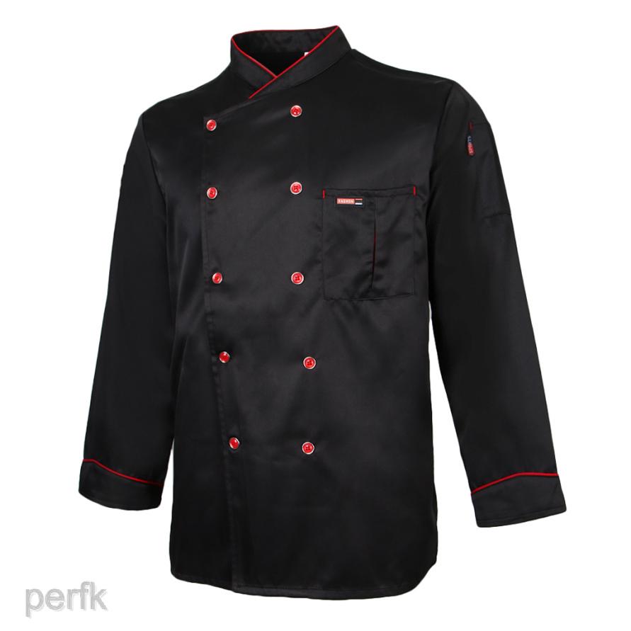 Unisex Chef Jacket Long Sleeve Piping Pocket Bakery Food Catering Coat M-3XL