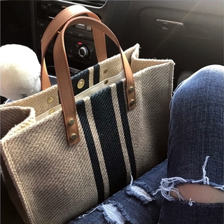Korean Woman Large Capacity Canvas Tote Bag Commuter Striped Simple Shoulder Bag Ins Regular Shopping Bag