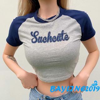 ❀ℳay-Short Sleeve Color Block Crop Top Summer Fashion Letter Print T-shirt for Women (1)