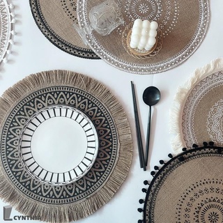 ☁Nordic Moroccan woven tassels table mats, bowls and plates, cotton and linen thick heat insulation placemats, ins style tablecloths Natural Macrame Placemats, Cotton Crochet Lace Boho Placemats, Woven Placemats with Tassels Bohemian Rustic Wedding cy
