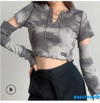 BAY-Womens Rib Knit Crop Tops, Fashion Tie Dye Print Long Sleeve Lace Up V Neck T-Shirts