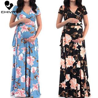 Maternity Dress Women Short Sleeve V-neck Maxi Long Dress Pregnant Casual Clothes Summer