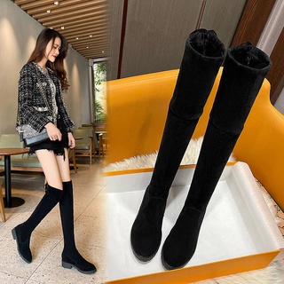 【Women's boots】 Outside the knee boots female flat 2020 new high boots Korean version of the elastic boots plus velvet thin boots tube over knee boots