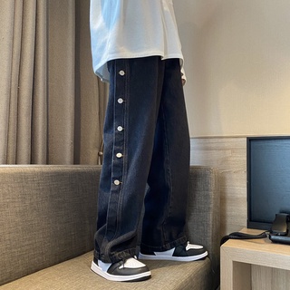 ✧❡▦Trendy brand side button design loose wide-leg trousers men s jeans ins trend Hong Kong style pan