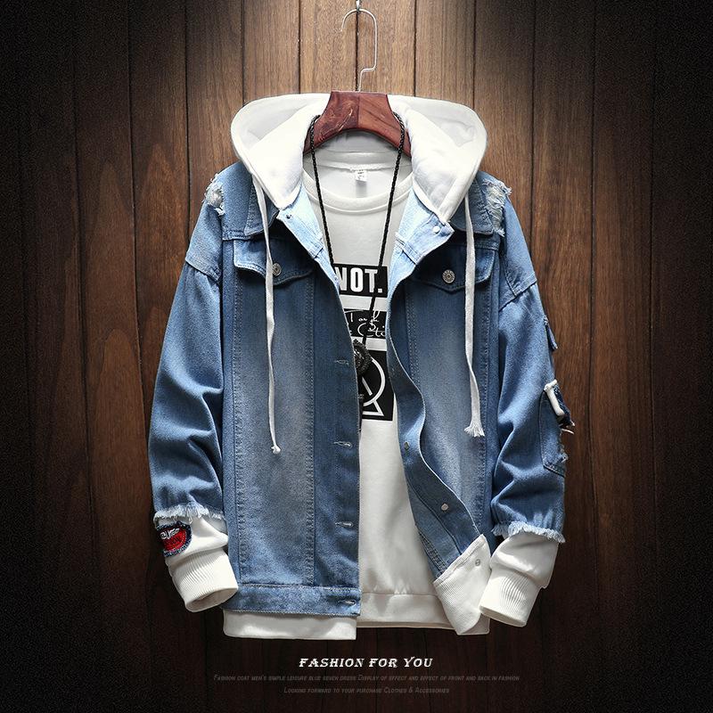【Ready in Stock】 S-XXL Men Hooded Denim Jackets HolesLoose Casual Jean Jackets Hip Hop Jean Coats (1)