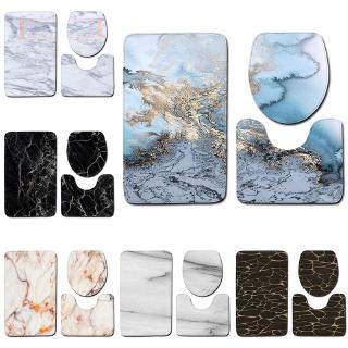 3Pcs Bath Mat Marble Print Non-Slip Bathroom Carpet Pedestal Rug Toilet Cover