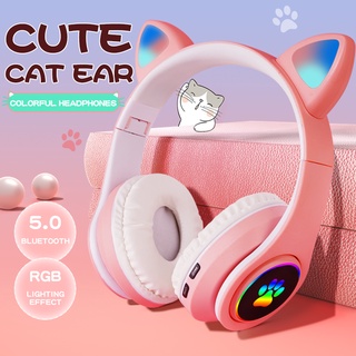 【Ready Stock】Bluetooth Wireless Cat Headsets Built-In Mic Headphone Girl's Gift Gaming Headset