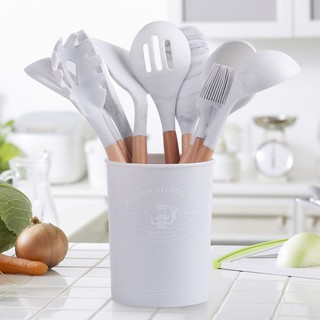 Kitchen Silicone SET Cooking Utensils with Wooden Handle (Marble White and Khaki colors) (2)