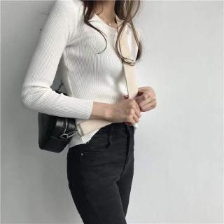 Women's T-shirt Korean casual fit all round neck stripe Pullover elastic long sleeve Knitted Top