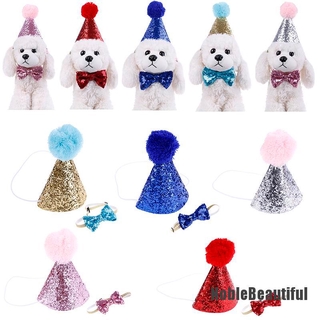 <NobleBeautiful> Pet cat dog happy birthday hat party crown & bow tie soft cap puppy headwear