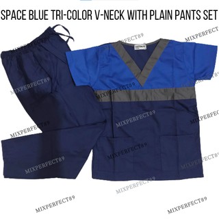 (MCR) SPACE BLUE TRI-COLOR V-NECK WITH PLAIN PANTS SCRUB SUIT SET