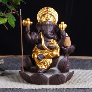 New Ganesha Statue Lotus Incense Waterfall Ceramic Backflow Incense Burner Elephant God Hinduism Buddhist Decor