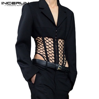 INCERUN Men's Mesh Hollow Out See Through Long Sleeve Patchwork Lapel Jumpsuits (1)
