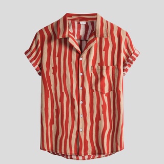 Men Casual Shirt Stripe Patchwork Printing Streetwear Lapel Camisas Short Sleeve Fashion Mens