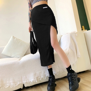 WEANIA Women Cotton Irregular Hem Sexy High Split Midi Skirt