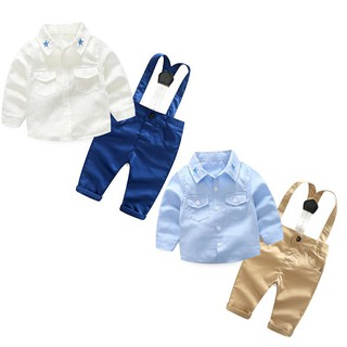 Top fashion baby boy clothing set long sleeve shirt + suspender shorts
