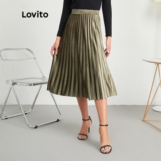 Lovito Casual Plain Basic Pleated Skirts L10084 (Black/Dark Green)