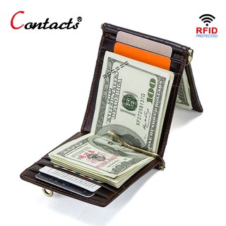 CONTACT'S Crazy Horse cowhide leather RFID money clip wallet card wallet trifold male cash clamp man
