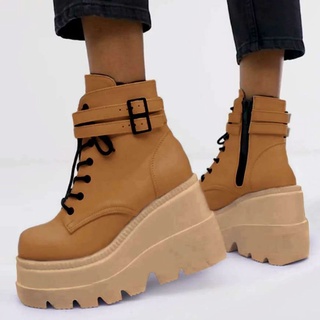 BootsFashion High Platform Boots Leather High Wedges Ankle Boots Women 2021 New Female Punk Style
