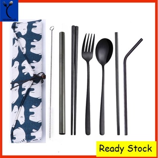 8pcs Set Reusable Metal Stainless Steel Straw Chopsticks Fork Spoon Black