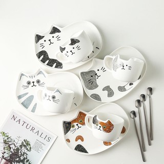 Cute Kitten Cat Ceramic Coffee Tea Mug Cup Set with Spoon and Saucer