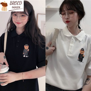 Korean Style Loose Bear Lapel Polo Shirt Round Neck Short Sleeve T-shirt