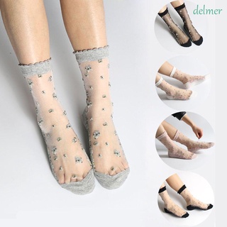 DELMER Summer Ankle Socks Leisure Crystal Sock Socks Women Jacquard Transparent Glass Silk Bow Boat Socks Short Sock/Multicolor