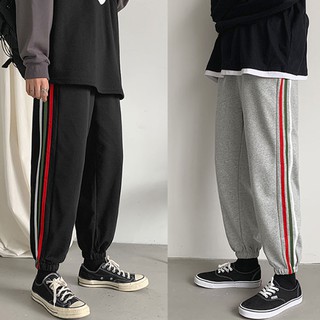 Unisex Newest Striped Cotton Jogging Pants For Men Korean Style Loose Cotton Drawstring Casual Feet Trousers Fashion Trend Simple Couples Wild 9 Point Pants