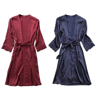 Women Lace Stitching Silk Nightwear Bathrobe Belt Long Sleeve Robe (3)