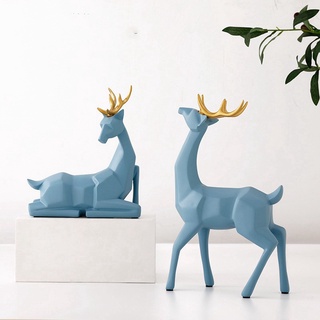 Resin Deer Statue Sculpture Nordic Home Decoration Deer Desktop Blue (3)