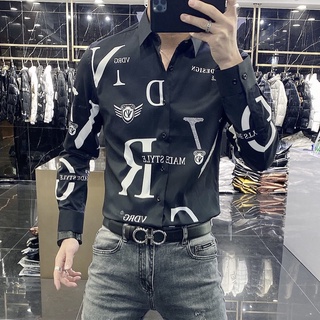 2021 Spring and Autumn New Fashion Personality Print White Shirt Trend Trendering Korean Free Hot Long Sleeve Shirt Men