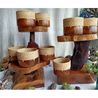 wood and rattan combi round multi-purpose vase/ penholder/planter 5"d x 4" h/6"d x 5"h
