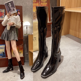 High-heeled Boots With Thick Heel Square Head Patent Leather High Boots