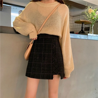Short skirt mini skirt plaid skirt Korean style all-match high waist slim retro plaid woolen women's skirts