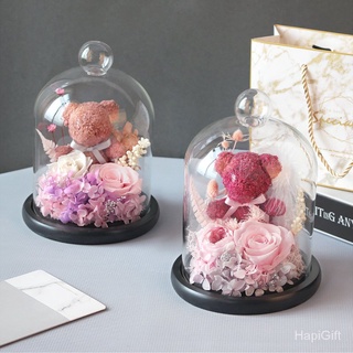 Available Immortal Flower Glass Cover Decoration Rose Bear Gift Box (2)