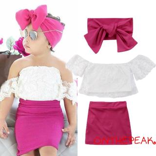 QAZ-Kids Baby Girls Off shoulder Lace Tops T shirt+Skirts headband Outfits Set