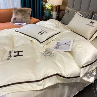 Nordic Silk four-piece summer quilt cover double-sided Ice Silk cool feeling white bedding sheet bed