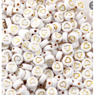 100 pcs Acrylic White and Gold Heart Beads, Plastic Heart Beads, Acrylic Symbol Beads