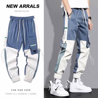 Size (S-3XL) Colorblock Multi-pocket Cargo Pants Men Elastic waistband Korean Jogging pants