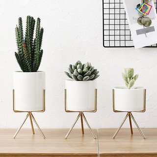 FCD☆ White Ceramic Flower Pot Nordic Style Plant Container with Iron Frame Home Decoration
