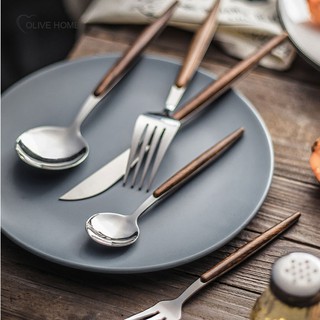 Stainless Steel Dinner Gold Silver Dinnerware Set Wood Handle Knife Fork Spoon Cutlery Kitchen Tableware Kitchen Tools