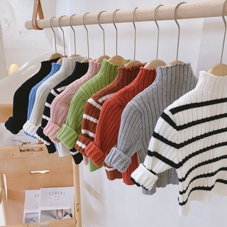 infant baby girls boys autumn winter full sleeve stripe Shirt knitting hige collar sweater toddler c