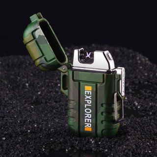 Outdoor Waterproof Dual Arc Lighter Camouflage Green Rechargeable Zippo Style Windproof