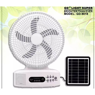OSQ 12" Solar Desk Fan Solar Rechargeable Fan GD9018 with Fm Radio Bluetooth Speaker and Led Light