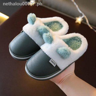 Children's cotton shoes☄❧Children s cotton slippers PU leather waterproof winter cartoon bag with boys and girls non-slip home shoes baby warm slippers