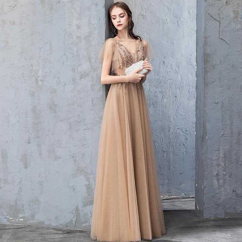 Evening dress ladies 2019 new fashion socialite golden party temperament host party dress gown (3)