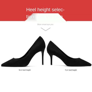 【Ready Stock】Pointed high heels black stiletto mid-heeled women s single shoes shallow mouth sued (5)